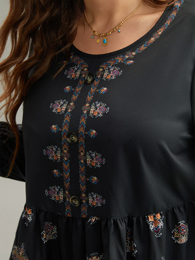 Boho Print Lantern Sleeve Button Detail Blouse - Image 6