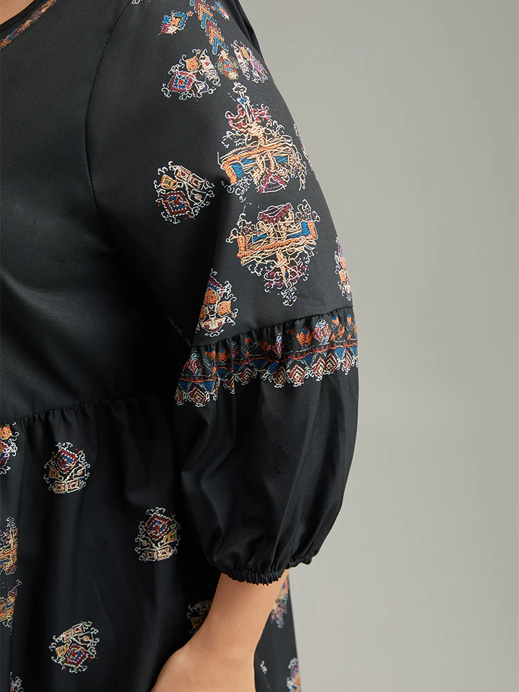 Boho Print Lantern Sleeve Button Detail Blouse - Image 7