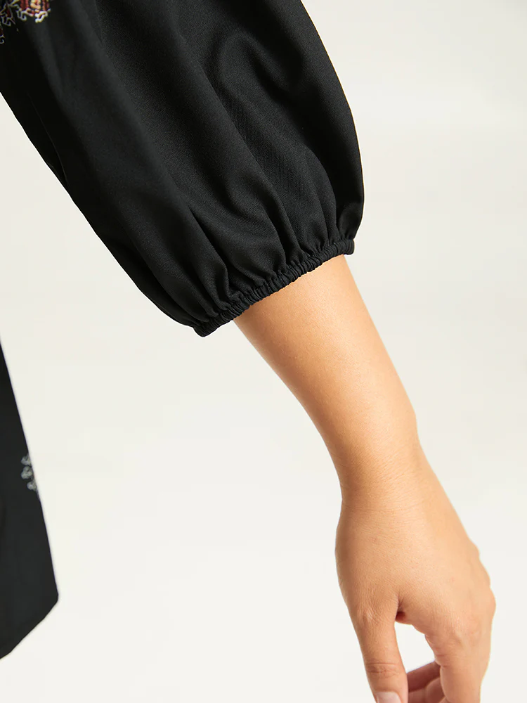 Boho Print Lantern Sleeve Button Detail Blouse - Image 8