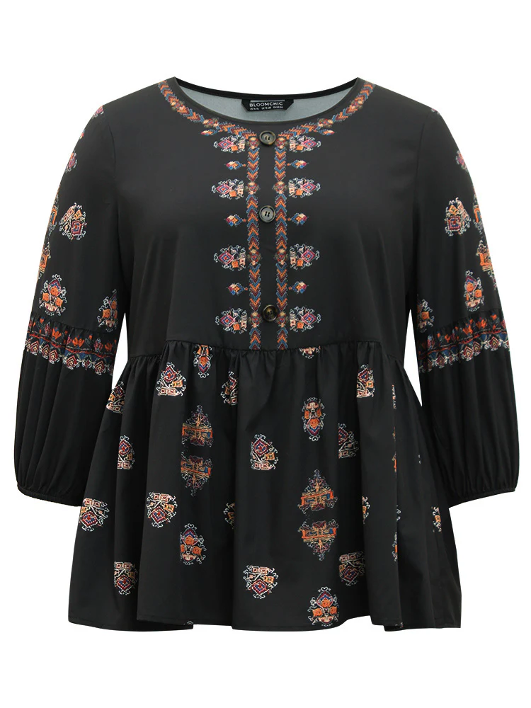Boho Print Lantern Sleeve Button Detail Blouse - Image 9