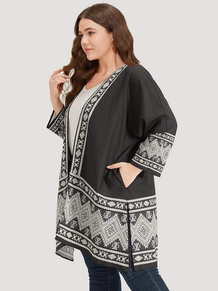 Boho Print Open Front Pocket Split Hem Kimono - Image 2