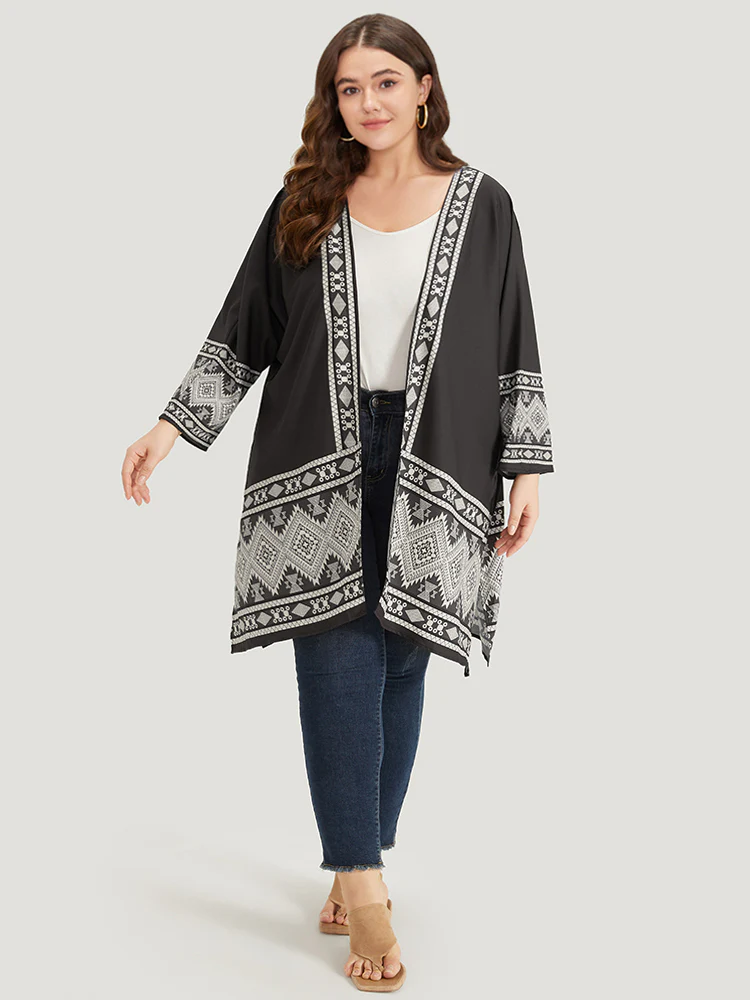 Boho Print Open Front Pocket Split Hem Kimono - Image 3