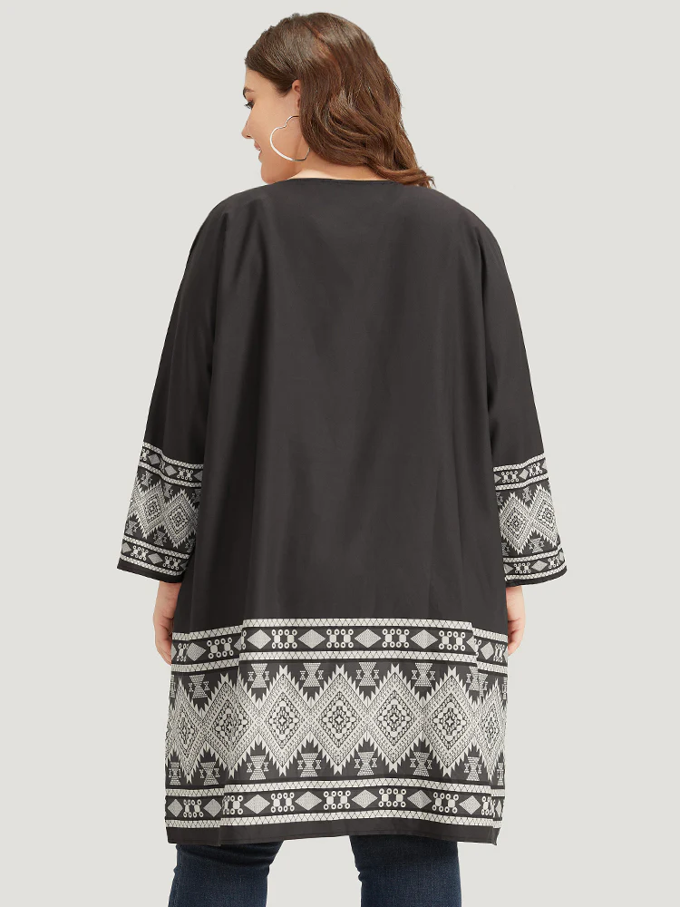 Boho Print Open Front Pocket Split Hem Kimono - Image 4