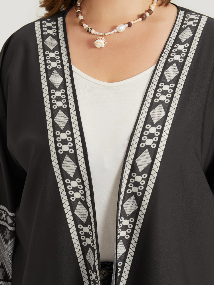 Boho Print Open Front Pocket Split Hem Kimono - Image 5