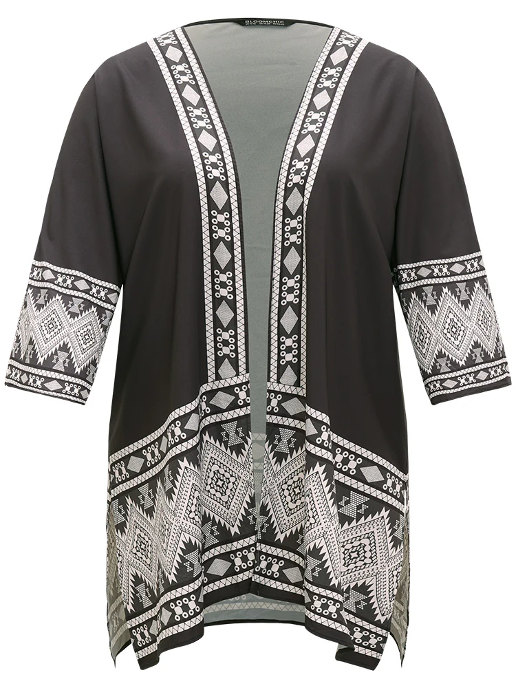 Boho Print Open Front Pocket Split Hem Kimono - Image 9