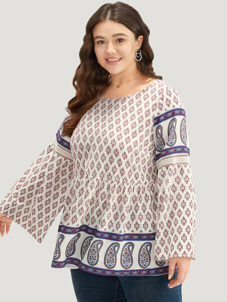 Boho Print Patchwork Lace Crew Neck Flutter Sleeve Blouse - Image 5