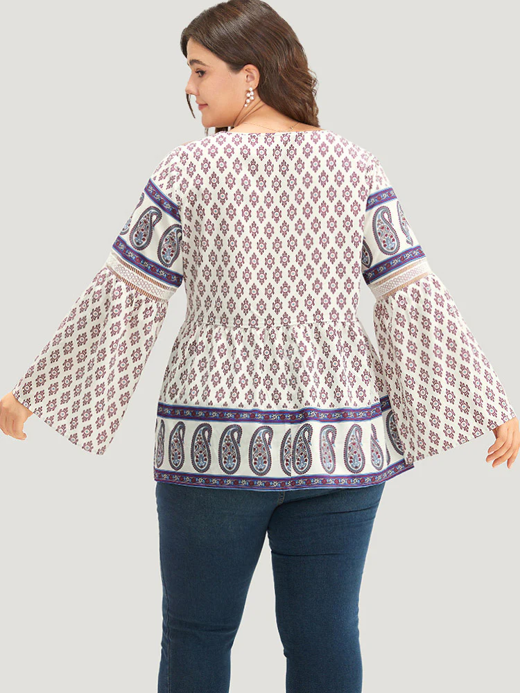 Boho Print Patchwork Lace Crew Neck Flutter Sleeve Blouse - Image 6