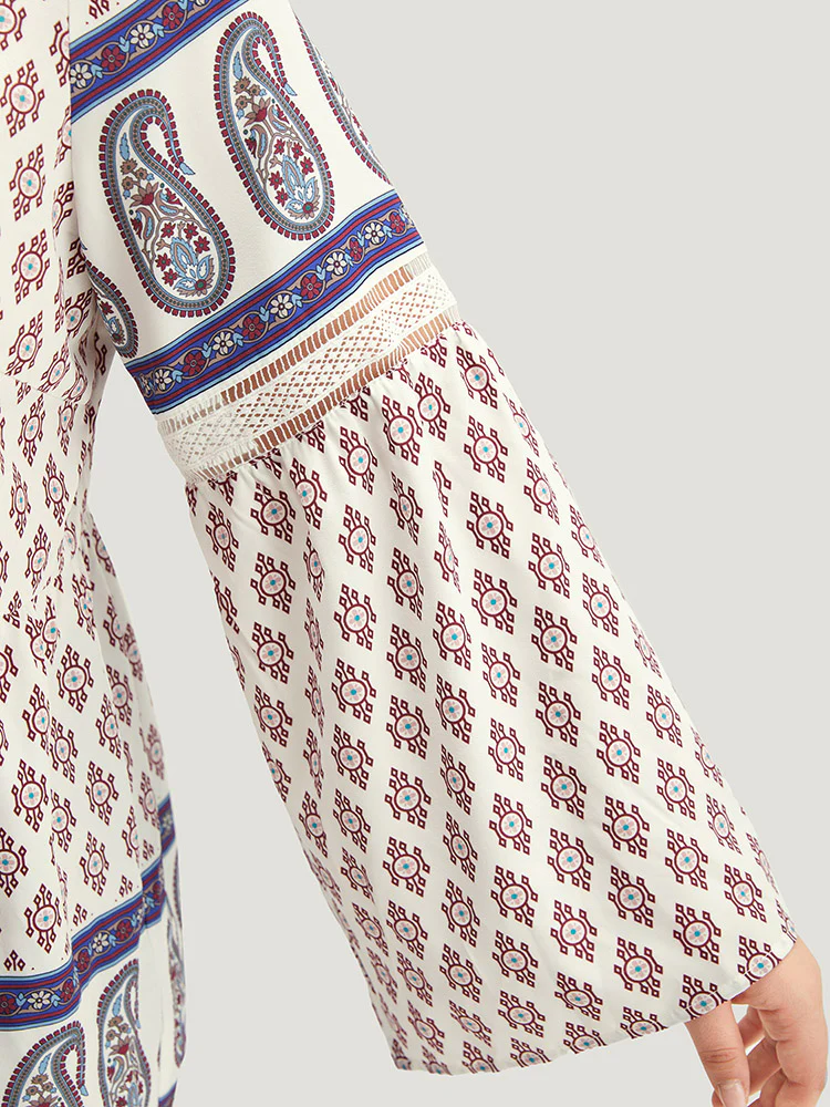Boho Print Patchwork Lace Crew Neck Flutter Sleeve Blouse - Image 8
