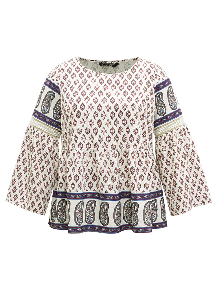Boho Print Patchwork Lace Crew Neck Flutter Sleeve Blouse - Image 9