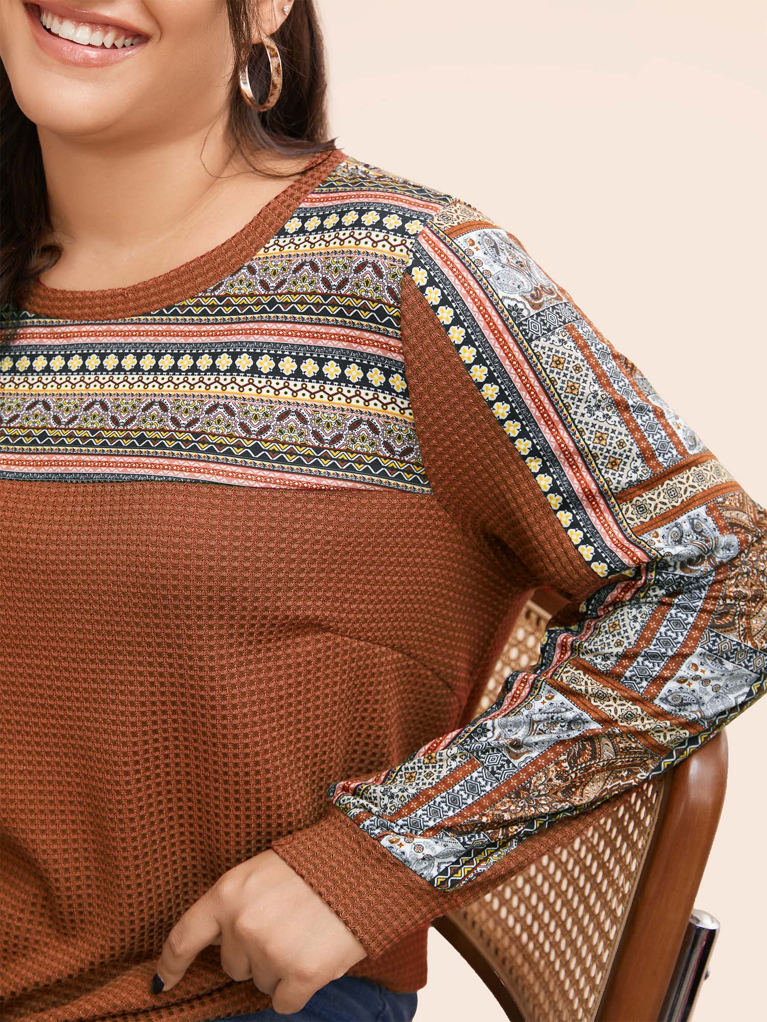 Boho Print Patchwork Waffle Knit Crew Neck Sweatshirt - Image 10
