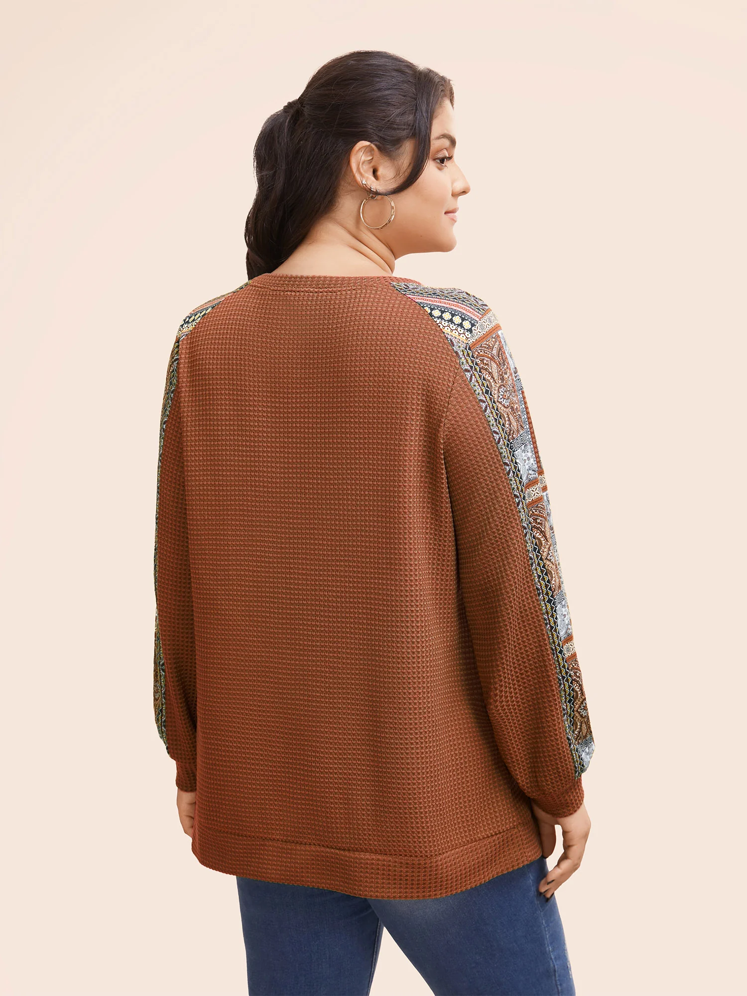 Boho Print Patchwork Waffle Knit Crew Neck Sweatshirt - Image 11