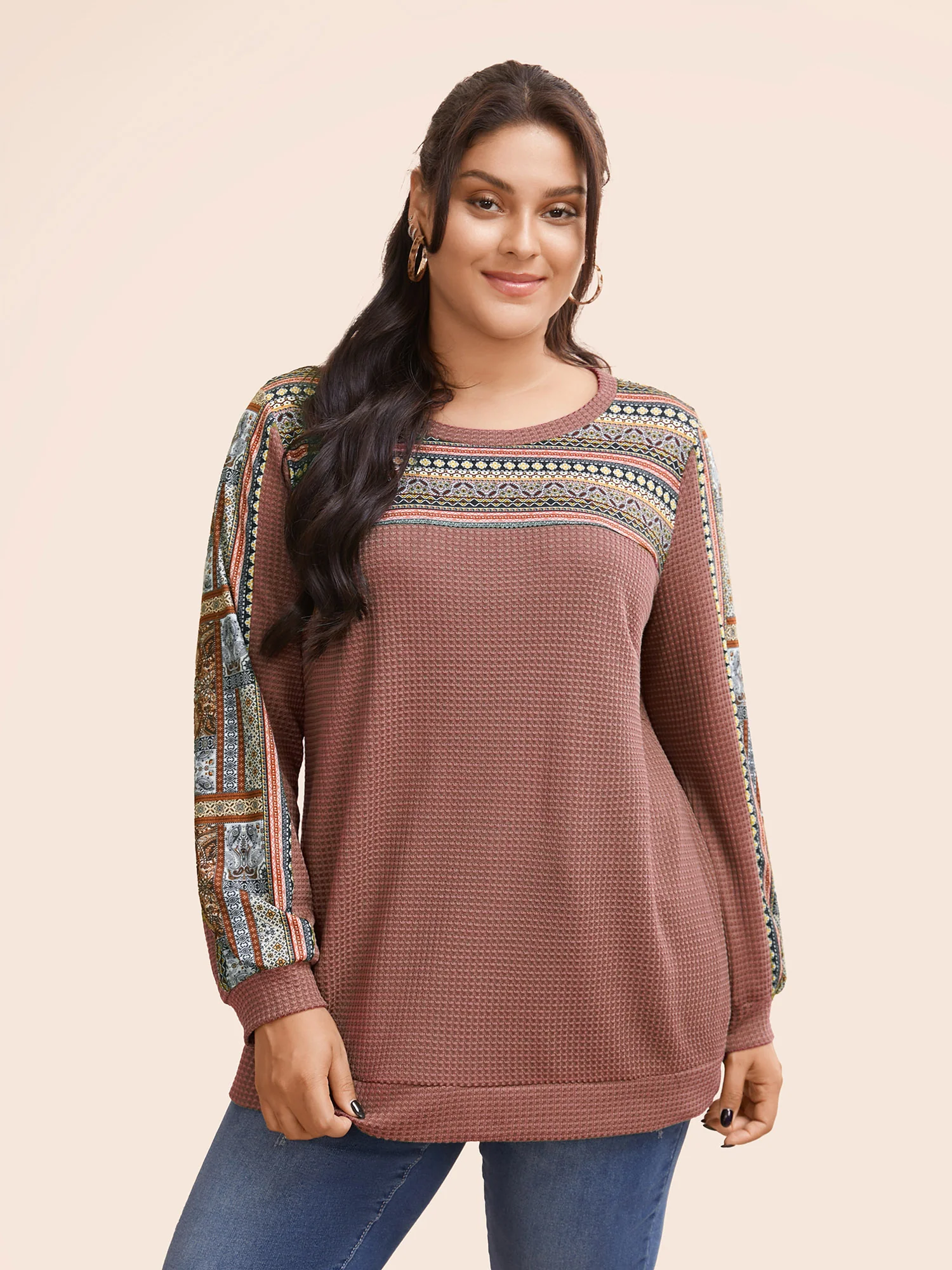 Boho Print Patchwork Waffle Knit Crew Neck Sweatshirt - Image 12