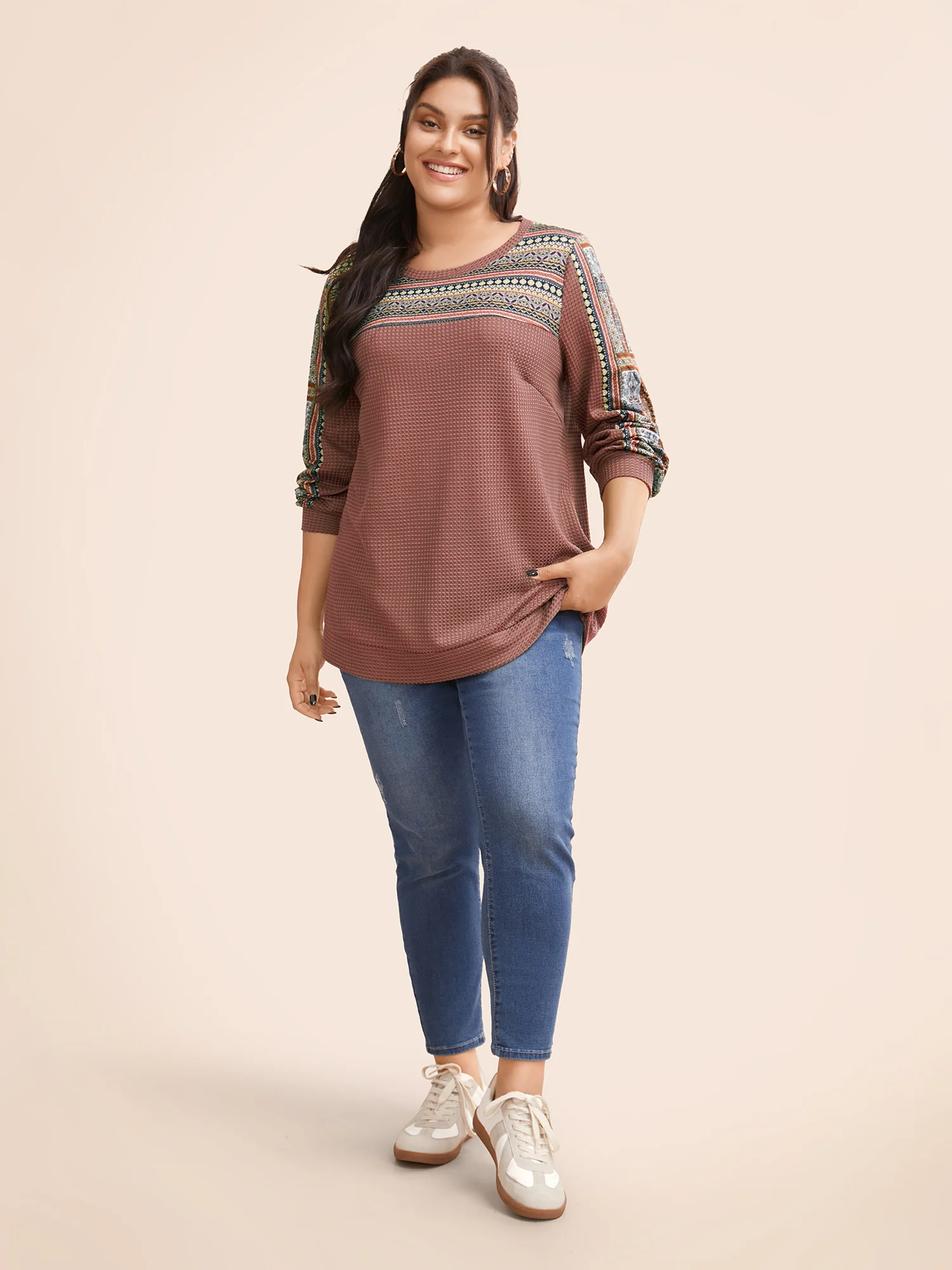 Boho Print Patchwork Waffle Knit Crew Neck Sweatshirt - Image 13
