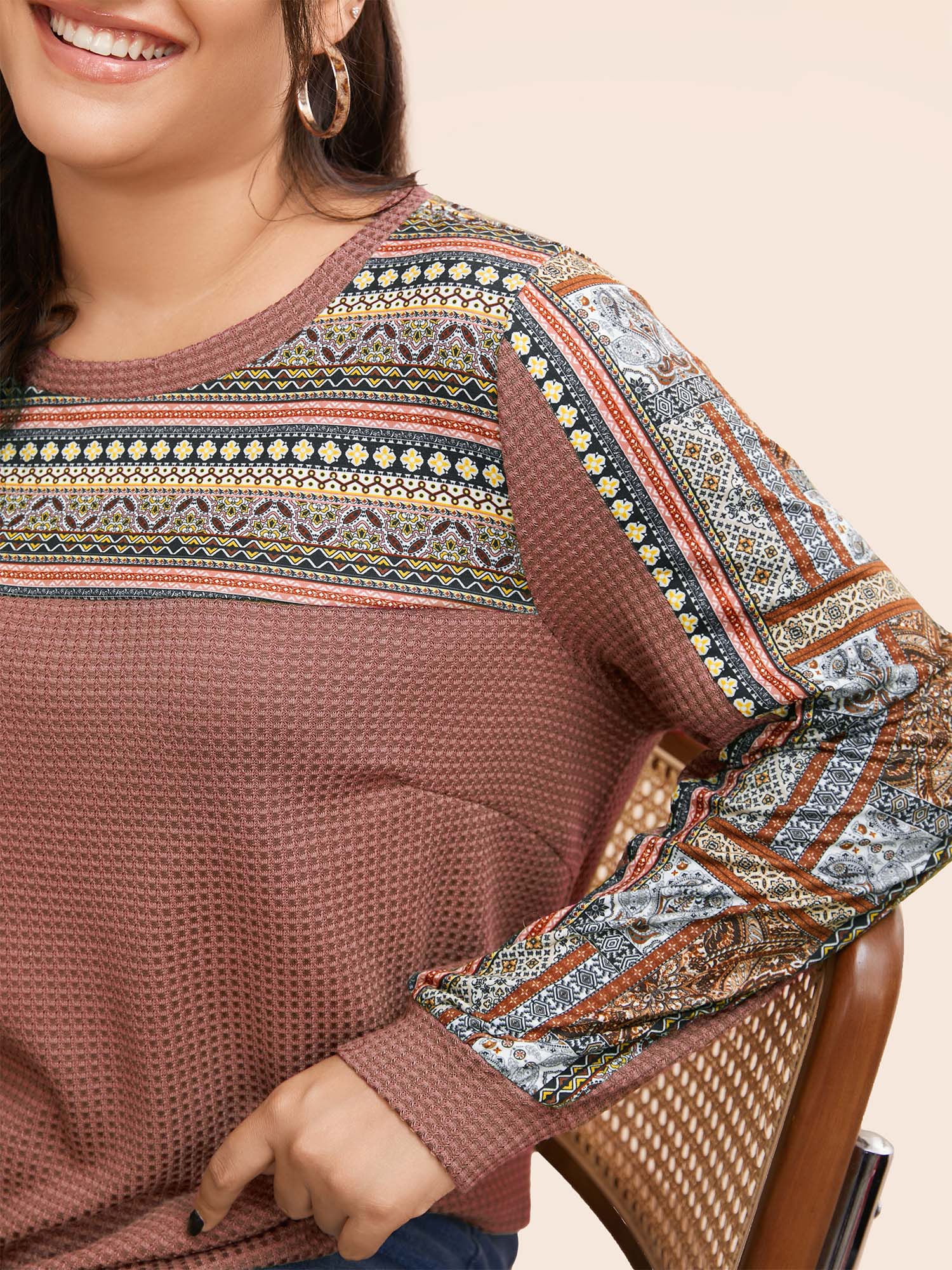 Boho Print Patchwork Waffle Knit Crew Neck Sweatshirt - Image 14