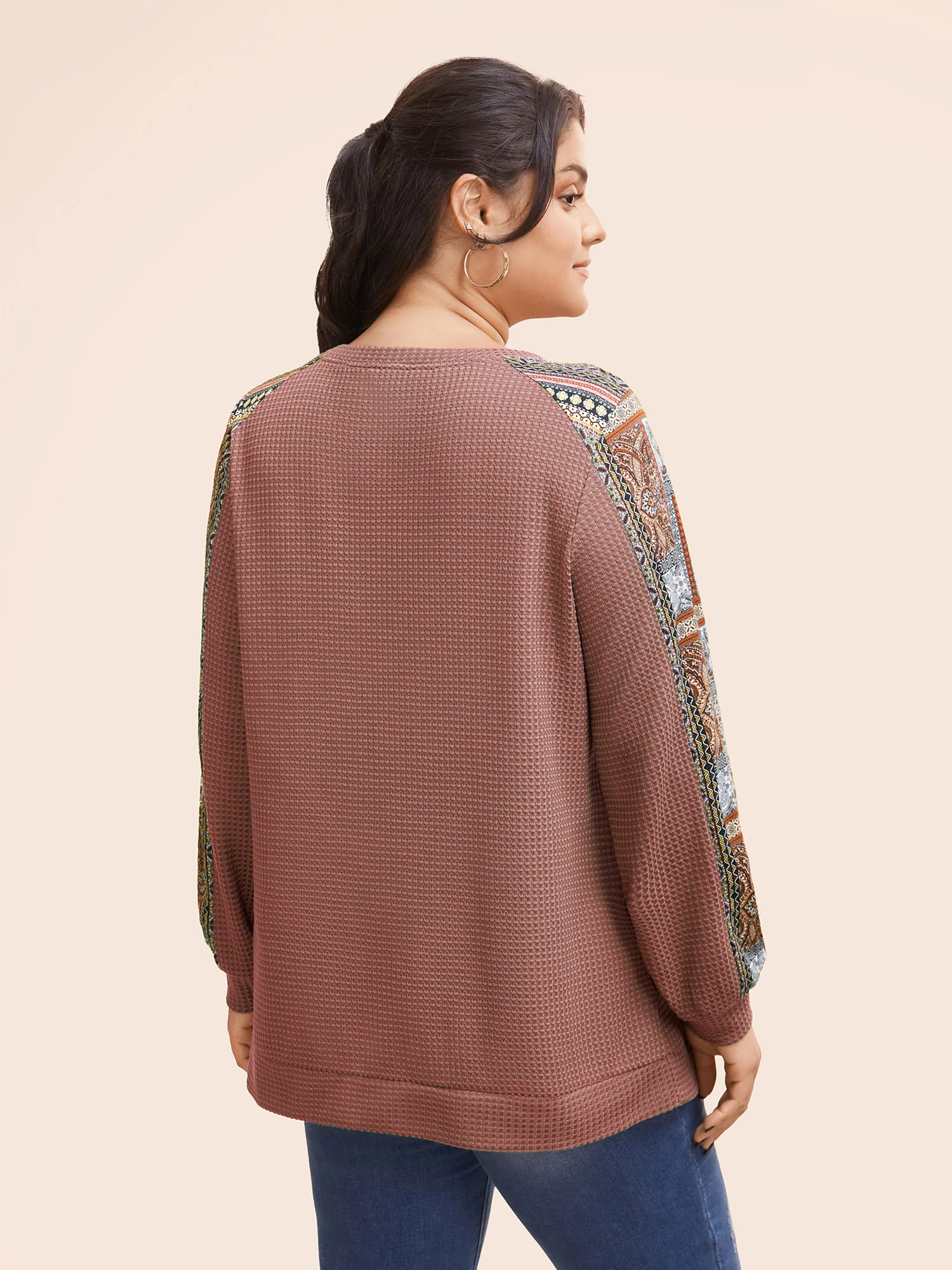Boho Print Patchwork Waffle Knit Crew Neck Sweatshirt - Image 15