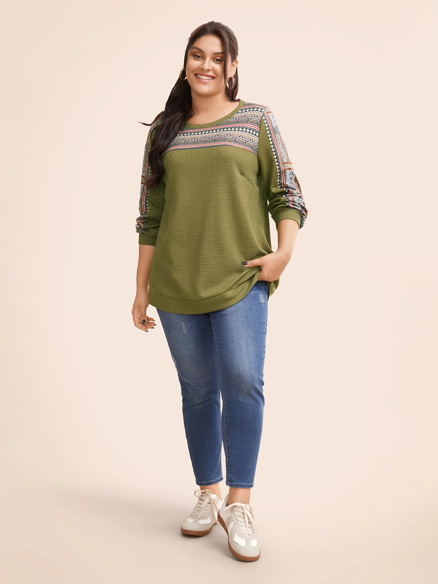 Boho Print Patchwork Waffle Knit Crew Neck Sweatshirt - Image 2