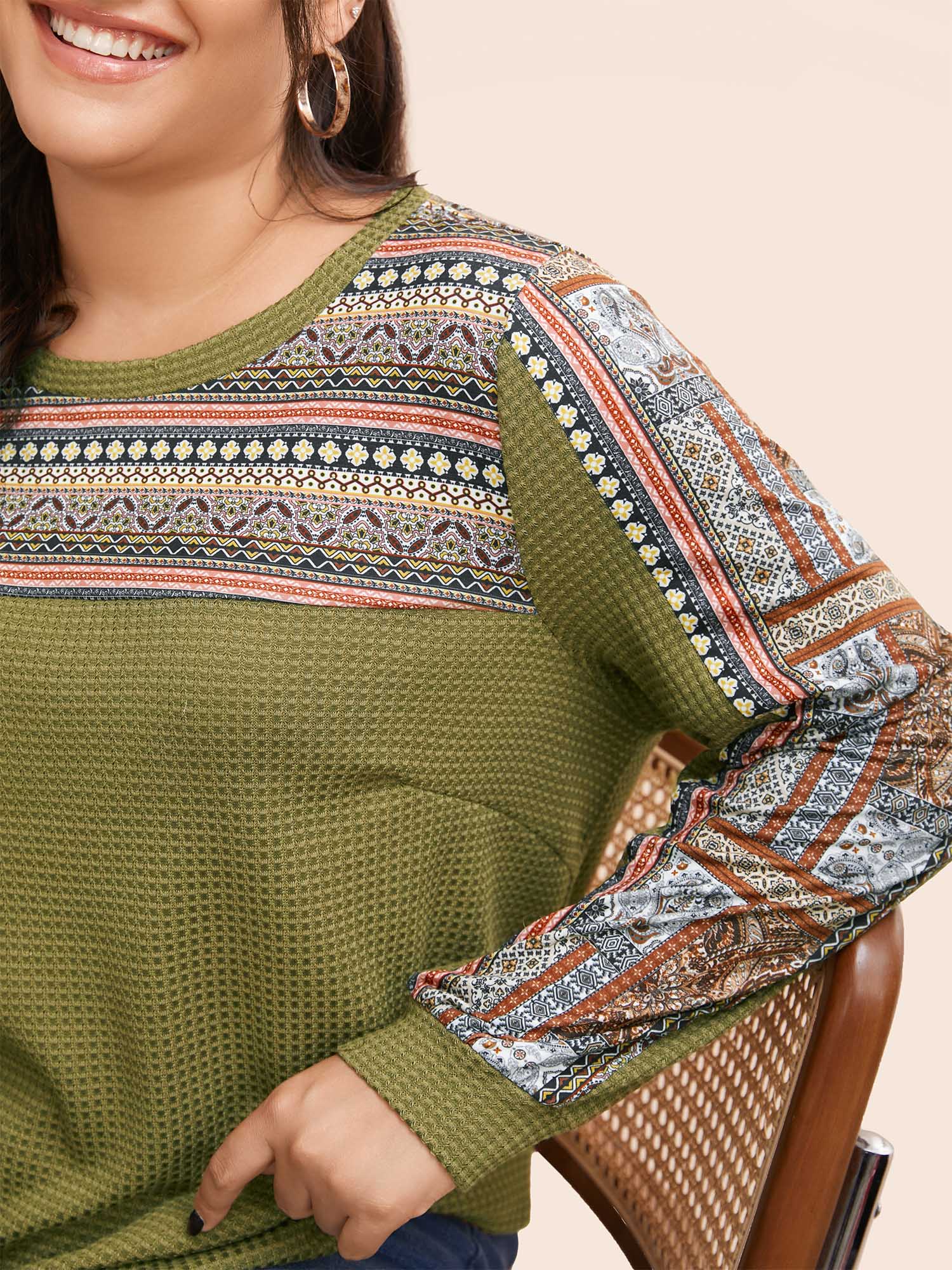 Boho Print Patchwork Waffle Knit Crew Neck Sweatshirt - Image 3