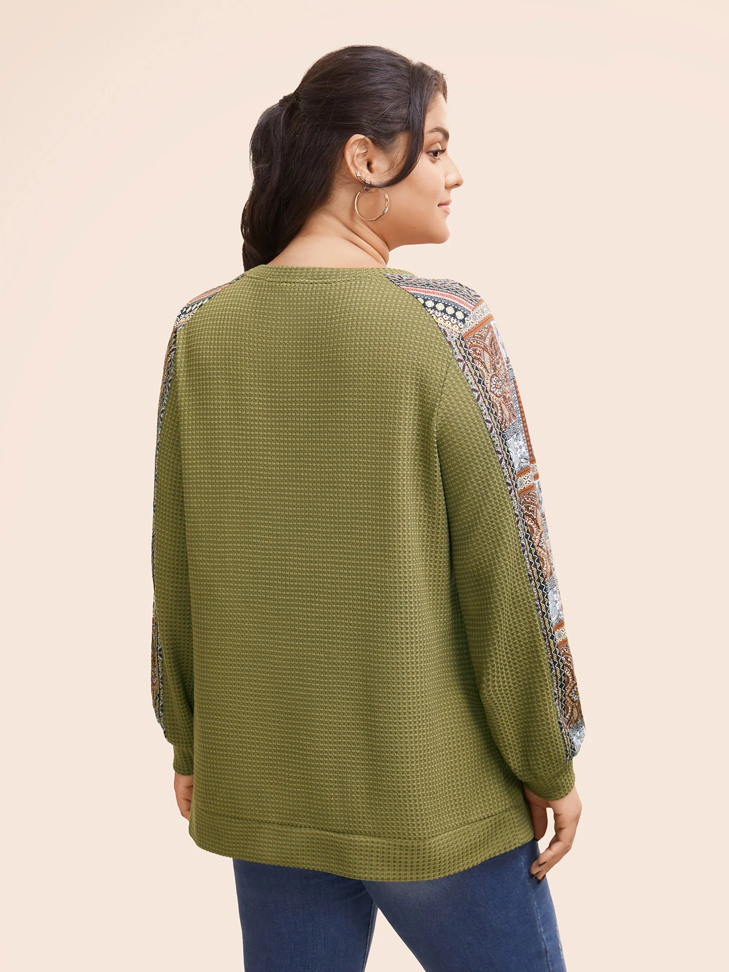 Boho Print Patchwork Waffle Knit Crew Neck Sweatshirt - Image 4