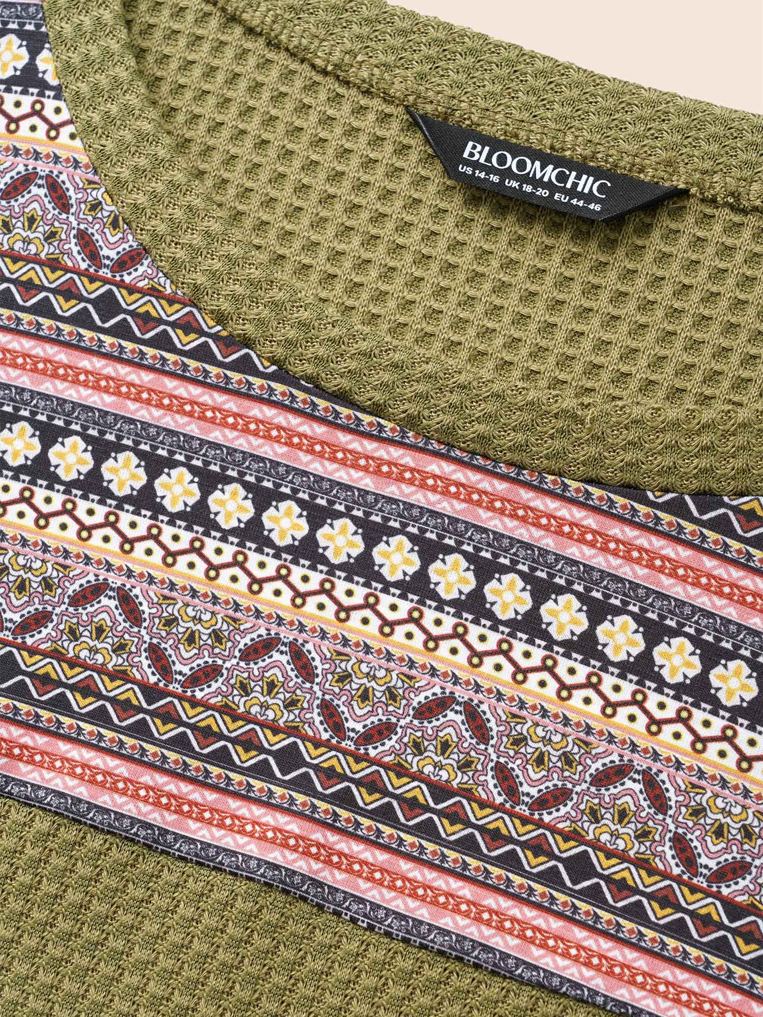 Boho Print Patchwork Waffle Knit Crew Neck Sweatshirt - Image 6