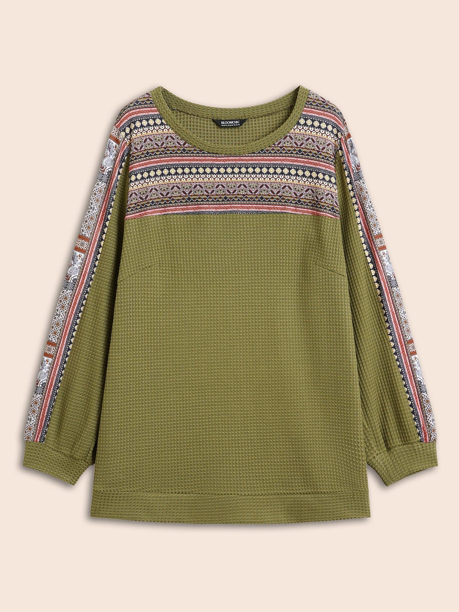Boho Print Patchwork Waffle Knit Crew Neck Sweatshirt - Image 7