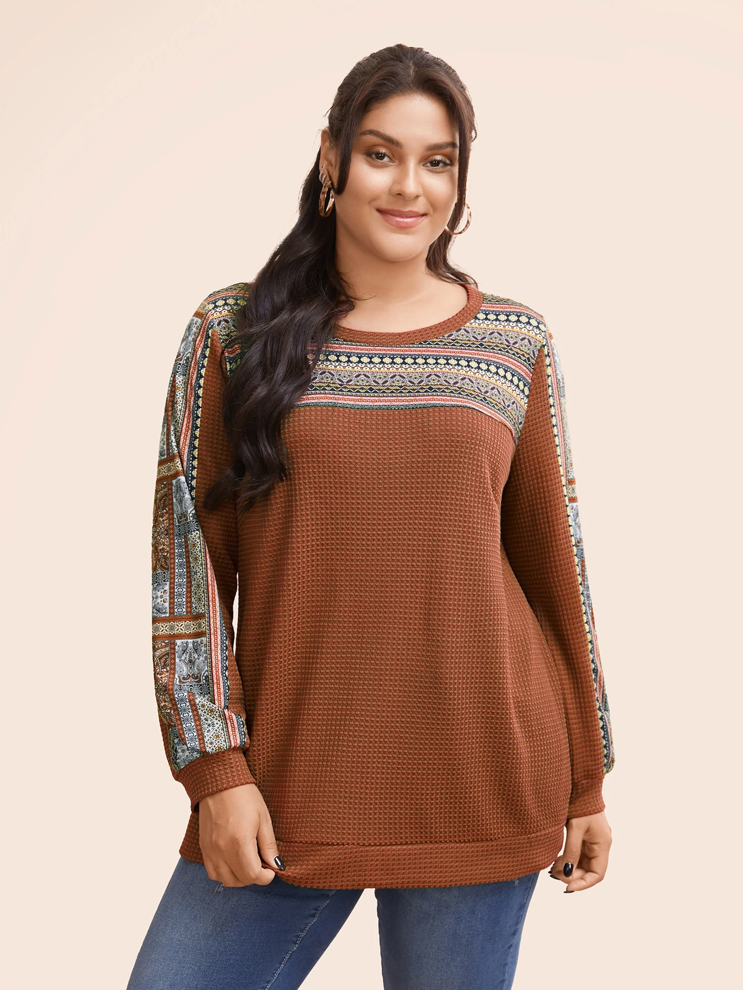 Boho Print Patchwork Waffle Knit Crew Neck Sweatshirt - Image 8