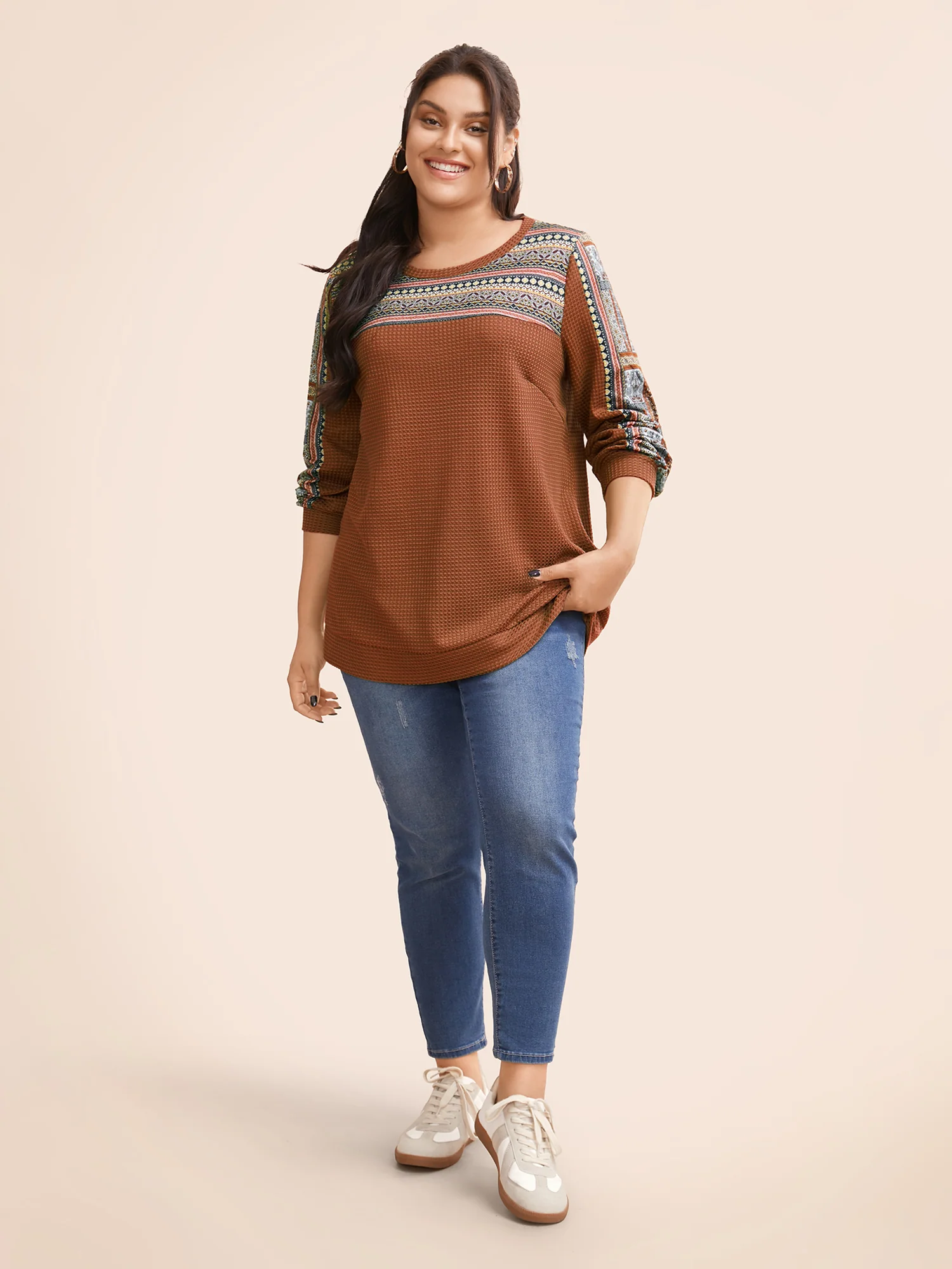 Boho Print Patchwork Waffle Knit Crew Neck Sweatshirt - Image 9