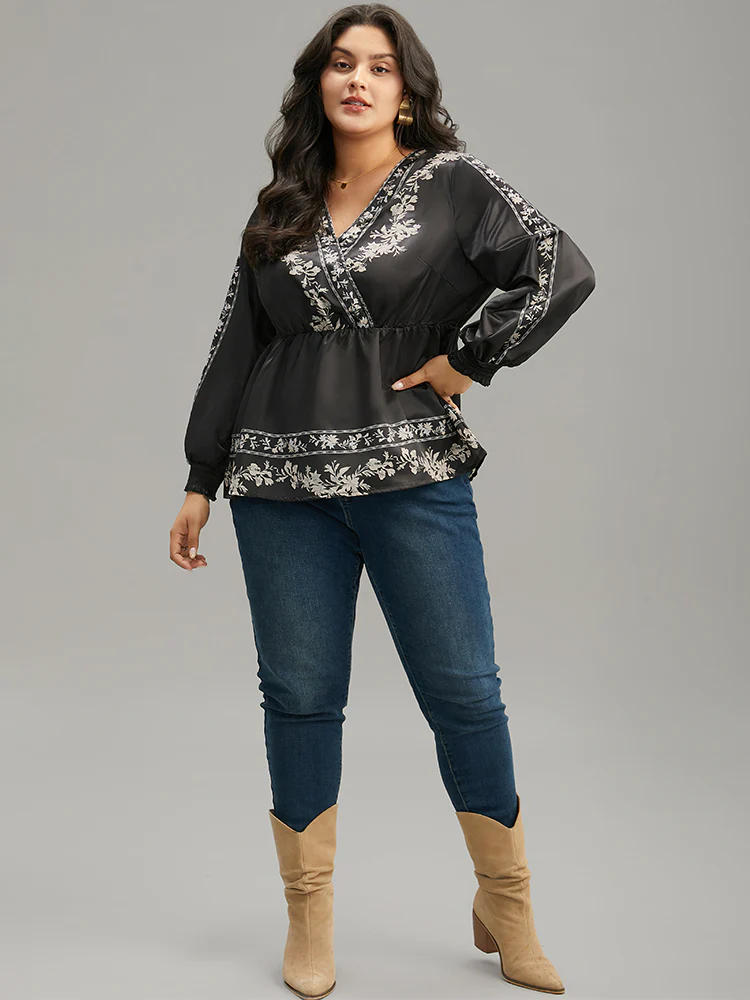 Boho Print Shirred Lantern Sleeve Blouse - Image 4