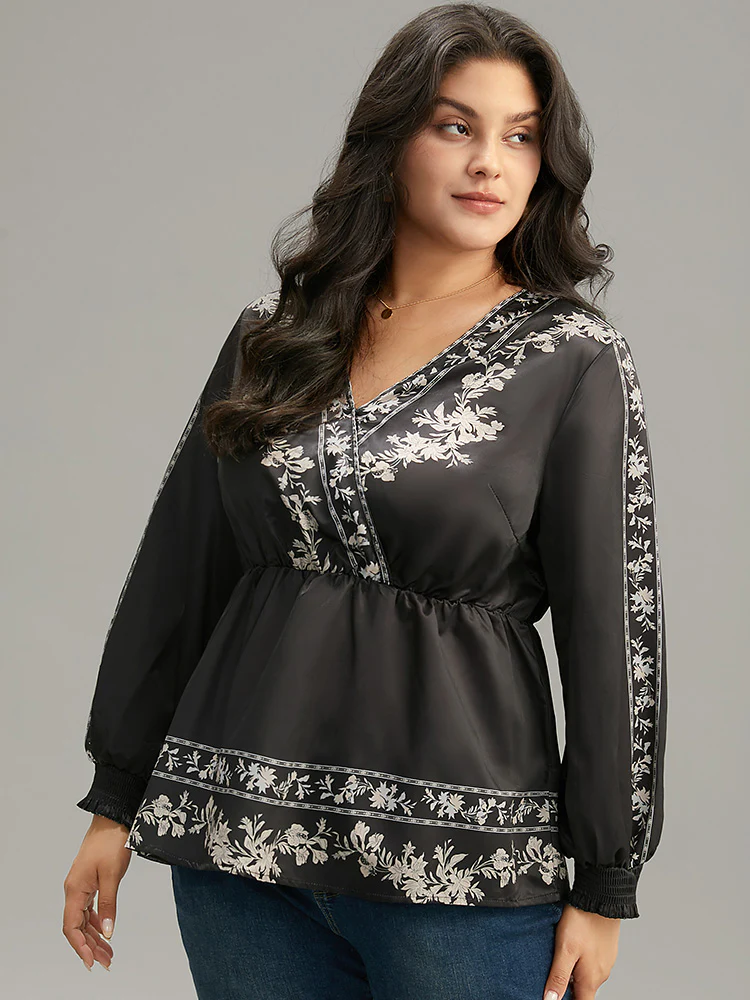 Boho Print Shirred Lantern Sleeve Blouse - Image 5