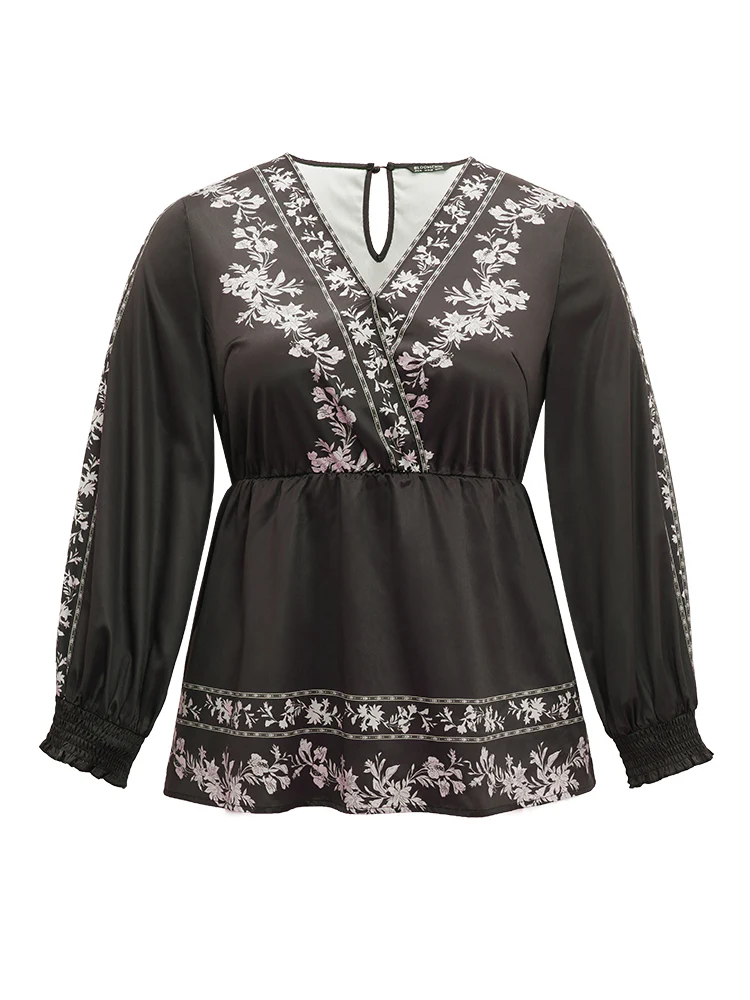 Boho Print Shirred Lantern Sleeve Blouse - Image 9