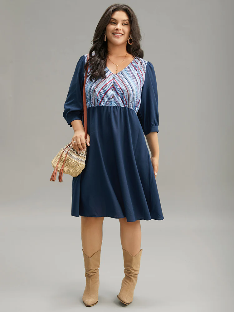 Boho Print Striped Patchwork Lantern Sleeve Dress - Image 2