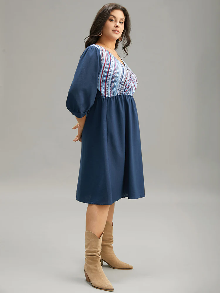 Boho Print Striped Patchwork Lantern Sleeve Dress - Image 3