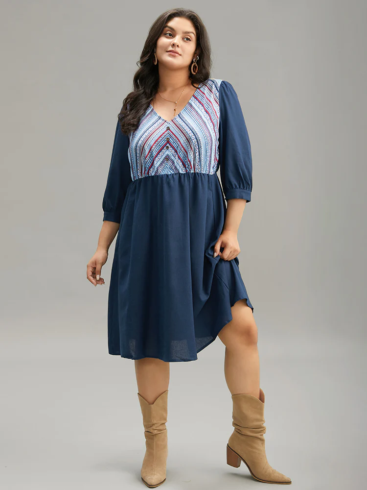 Boho Print Striped Patchwork Lantern Sleeve Dress - Image 5