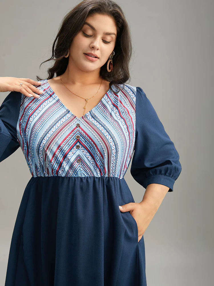 Boho Print Striped Patchwork Lantern Sleeve Dress - Image 6