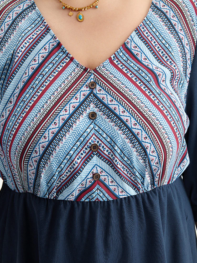 Boho Print Striped Patchwork Lantern Sleeve Dress - Image 7