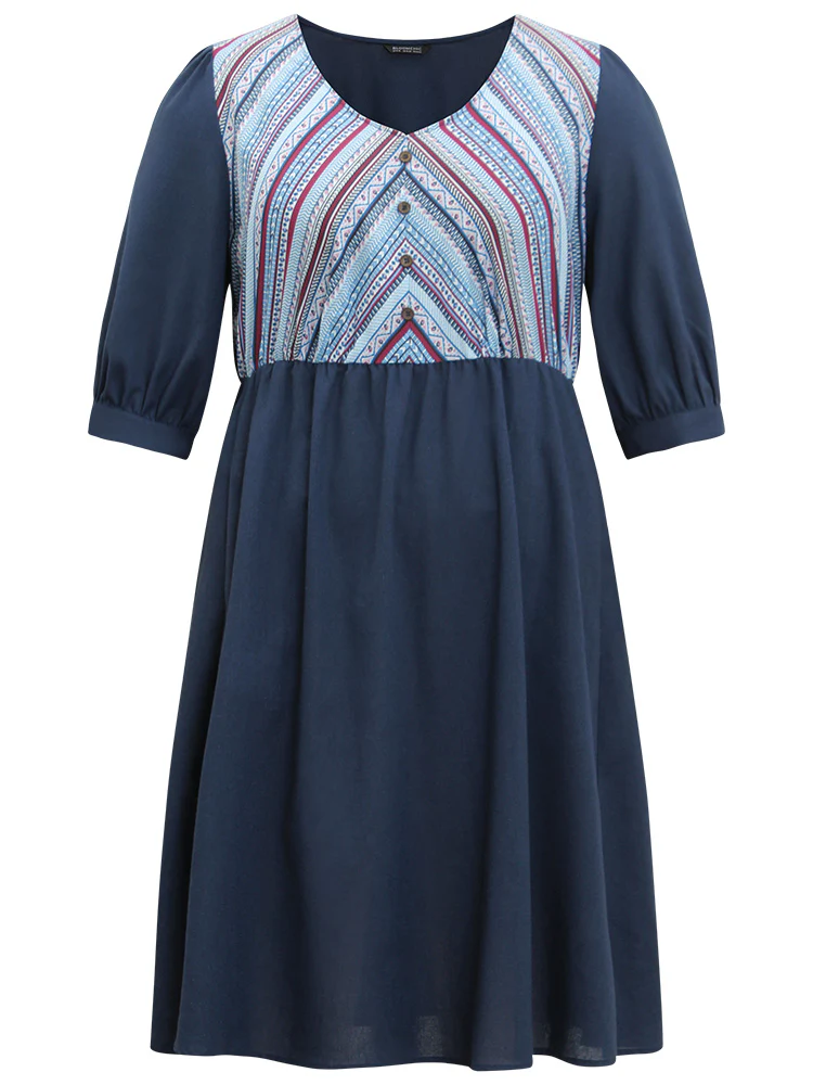 Boho Print Striped Patchwork Lantern Sleeve Dress - Image 9