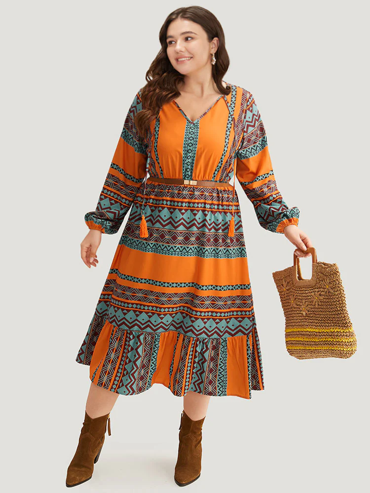Boho Print Tassel Tie Neck Dress - Image 2