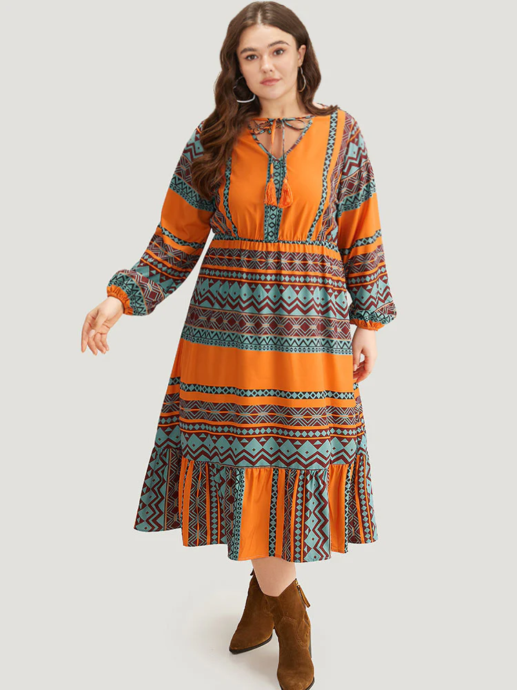 Boho Print Tassel Tie Neck Dress - Image 4