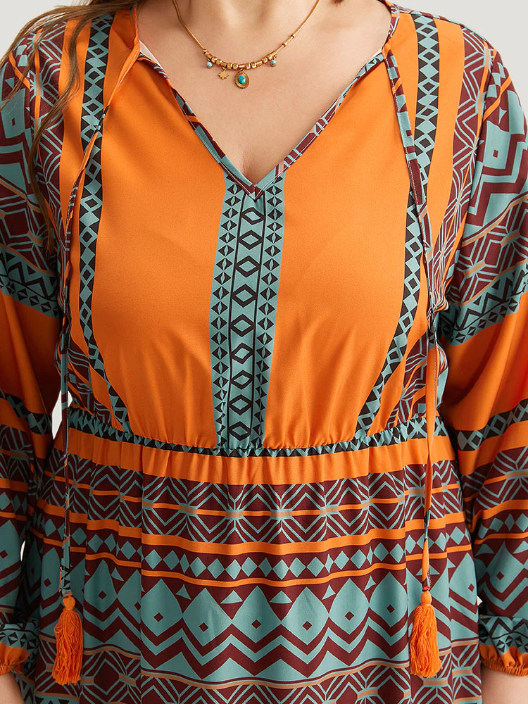 Boho Print Tassel Tie Neck Dress - Image 6