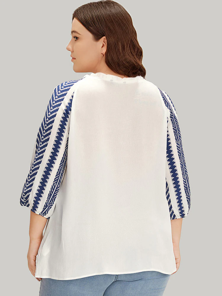 Boho Print Tie Neck Patchwork Lantern Sleeve Blouse - Image 2
