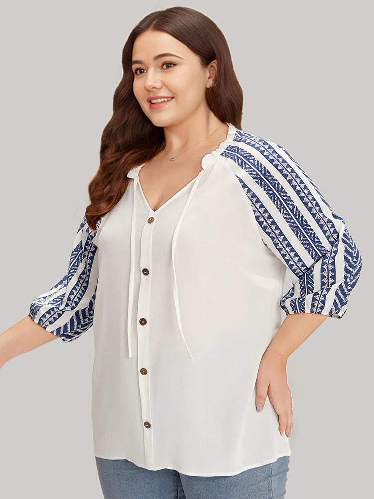 Boho Print Tie Neck Patchwork Lantern Sleeve Blouse - Image 3