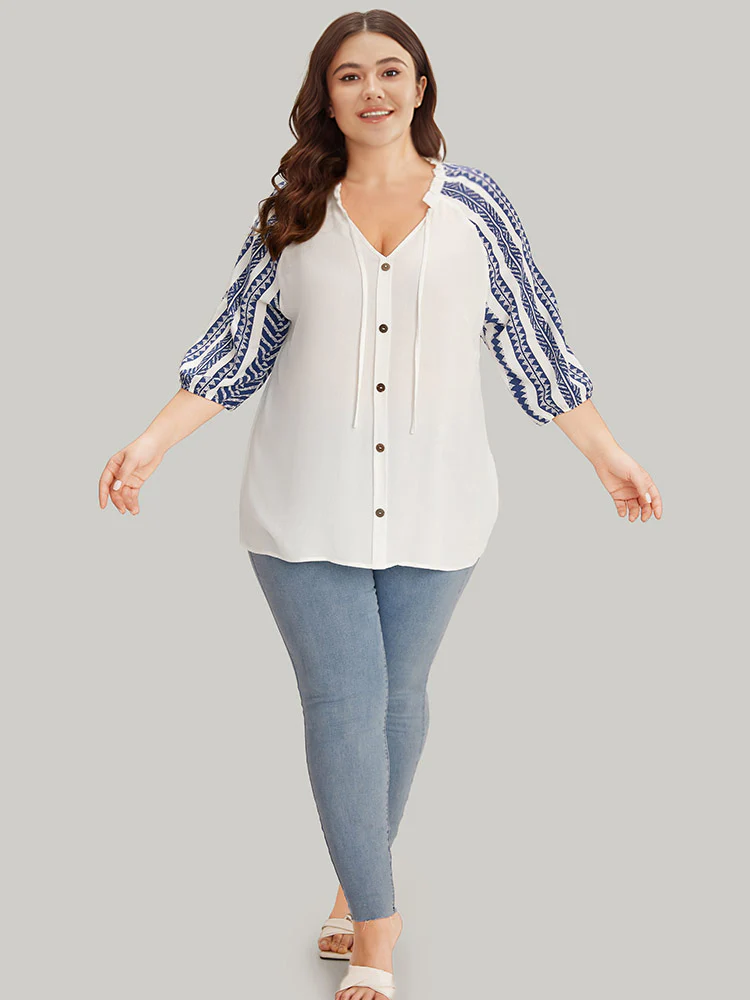 Boho Print Tie Neck Patchwork Lantern Sleeve Blouse - Image 4
