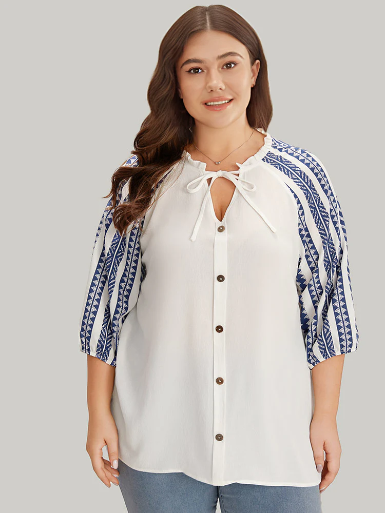 Boho Print Tie Neck Patchwork Lantern Sleeve Blouse - Image 5