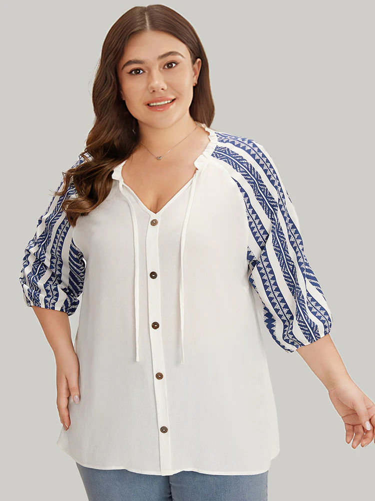 Boho Print Tie Neck Patchwork Lantern Sleeve Blouse - Image 6