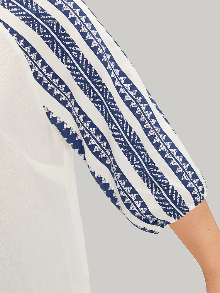 Boho Print Tie Neck Patchwork Lantern Sleeve Blouse - Image 7