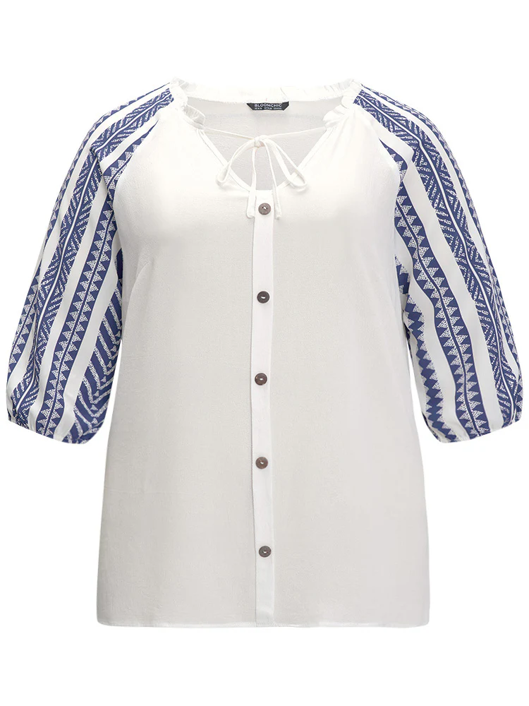 Boho Print Tie Neck Patchwork Lantern Sleeve Blouse - Image 9