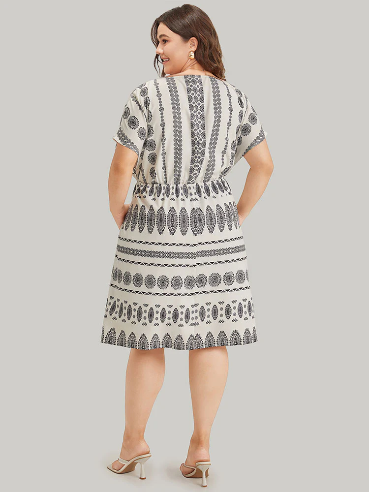 Boho Print V Neck Dolman Sleeve Drawstring Dress - Image 2