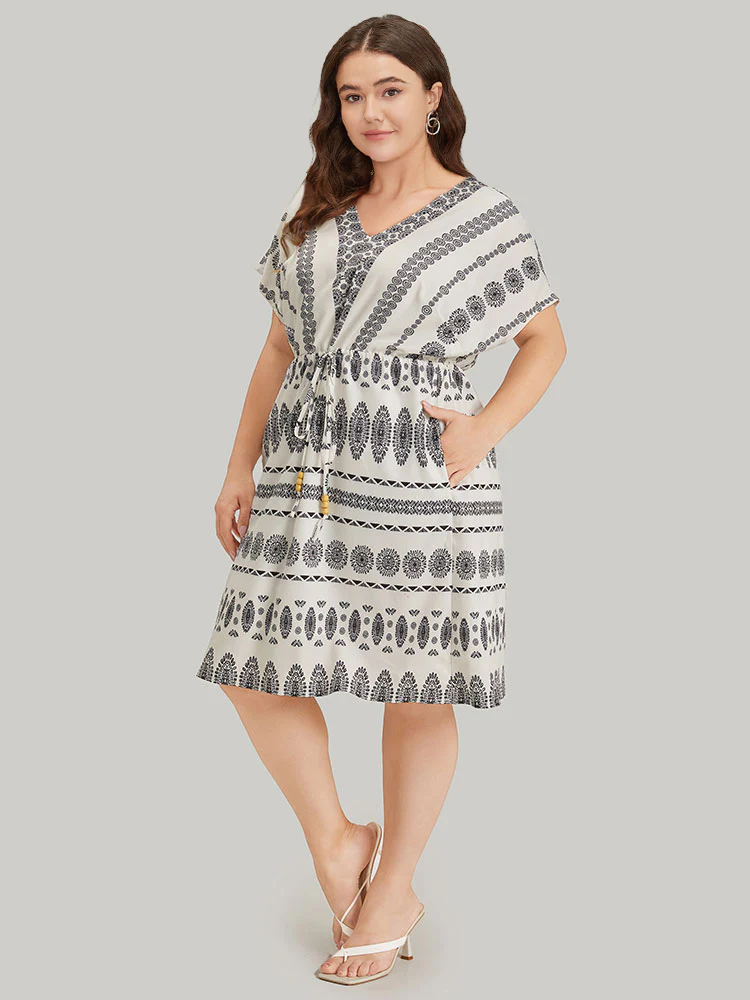 Boho Print V Neck Dolman Sleeve Drawstring Dress - Image 3