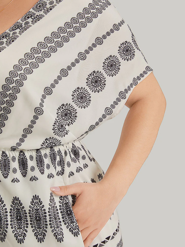 Boho Print V Neck Dolman Sleeve Drawstring Dress - Image 7