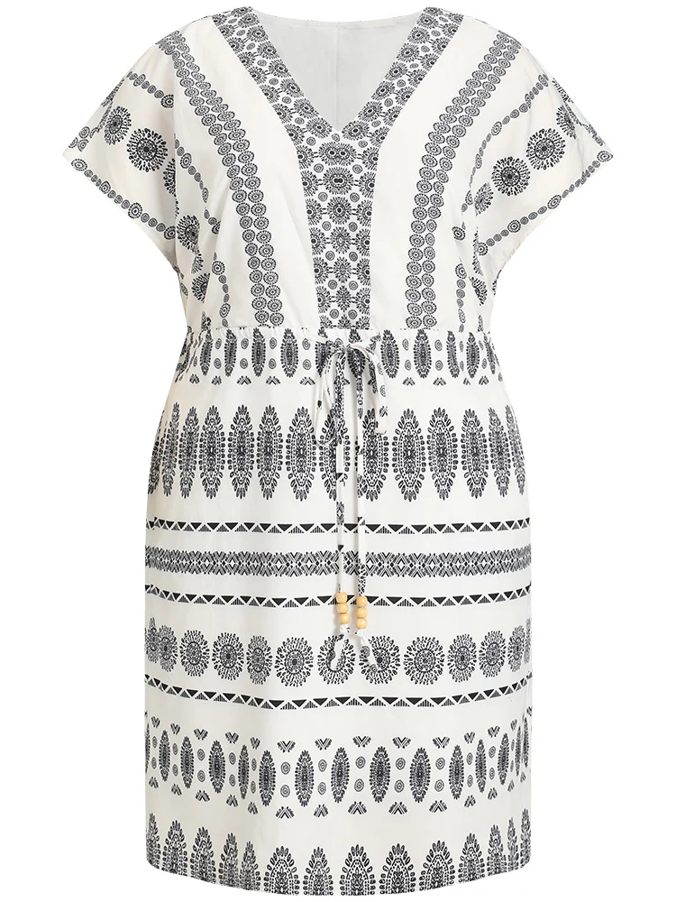 Boho Print V Neck Dolman Sleeve Drawstring Dress - Image 8