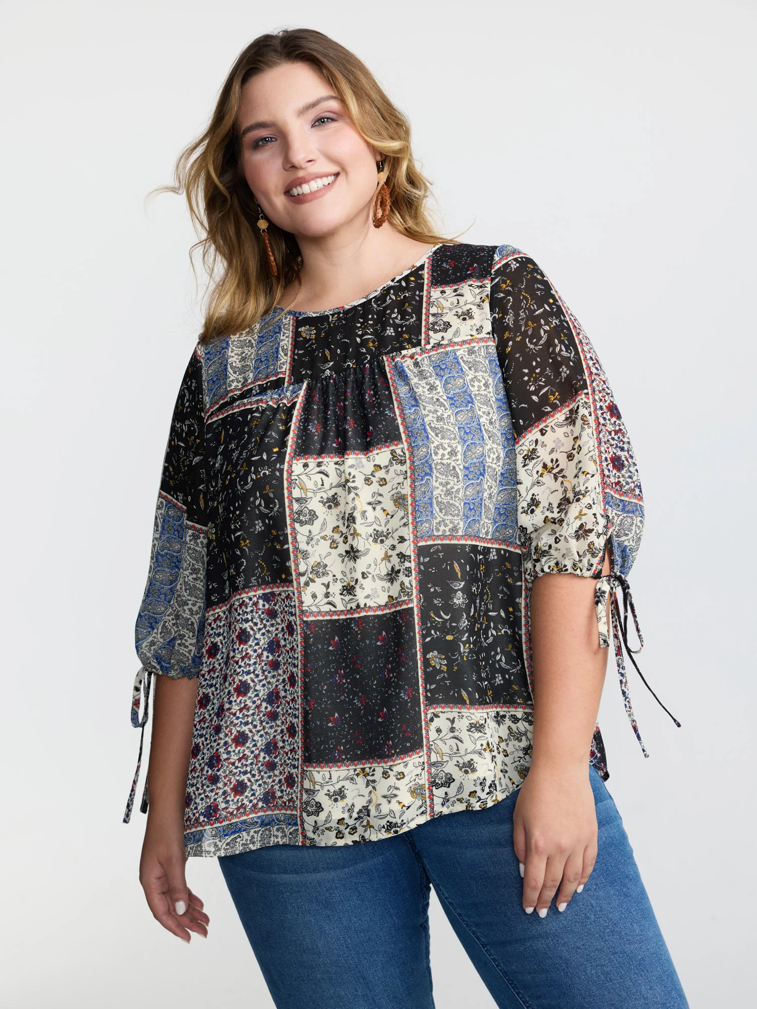 Boho Collage Print Sleeve-Tie Blouse - Image 11